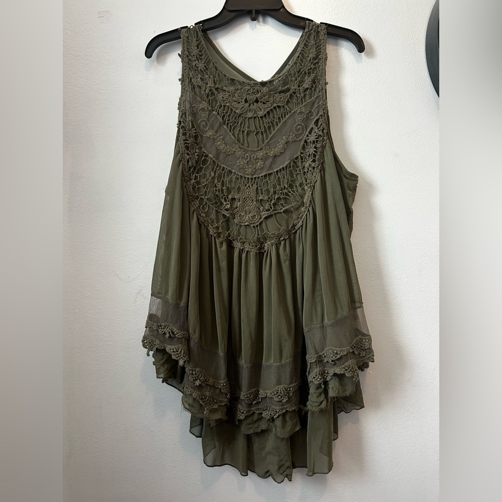 Indigo Thread Co Women's Lace Boho Sleeveless Mesh Green Travel Vacation Top XL